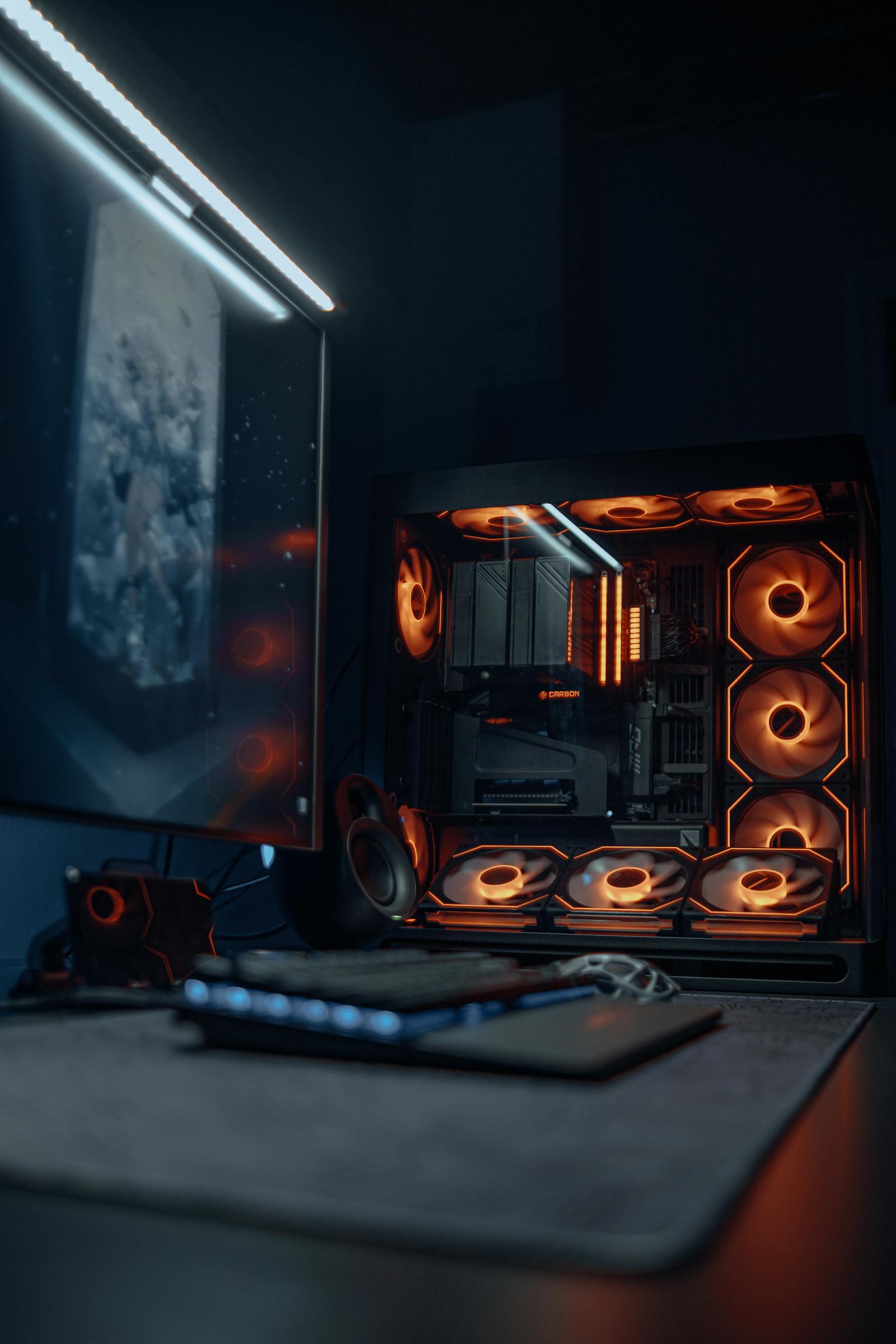 High-performance gaming rig with cyan lighting